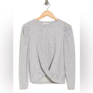 Pleione-PUFF LONG SLEEVE RIBBED TWIST FRONT TOP-Women’s Size: XL-Grey-NEW!!